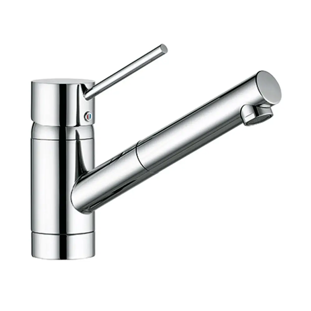 Chromfärbiger Küchenarmatur von Kludi mit herausziehbarem Auslauf und Bedienhebel. Dezentraler Wasserhahn mit schlankem Design für die Spüle.